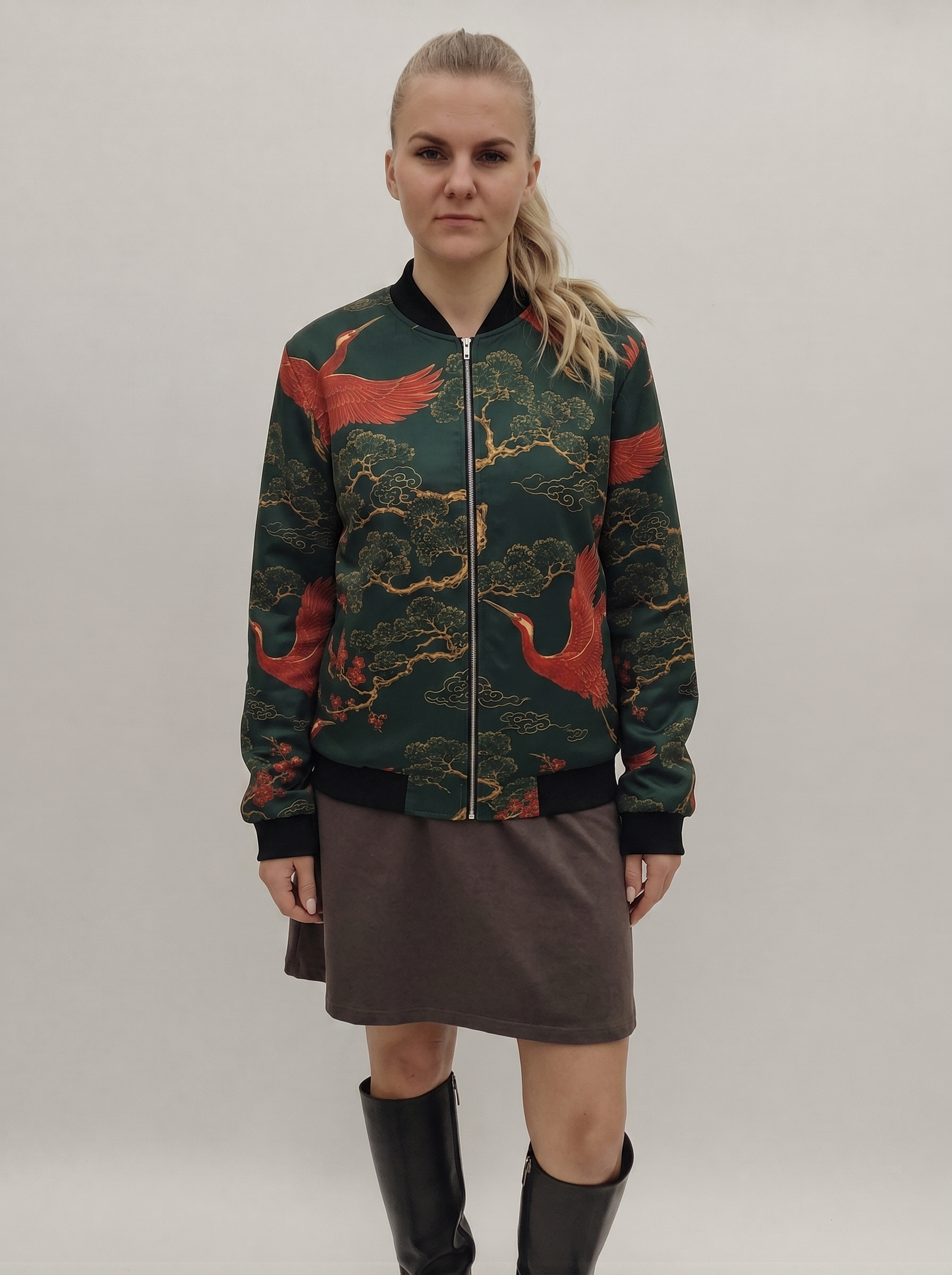 Reversible Women’s Bomber Jacket “Crimson Crane”