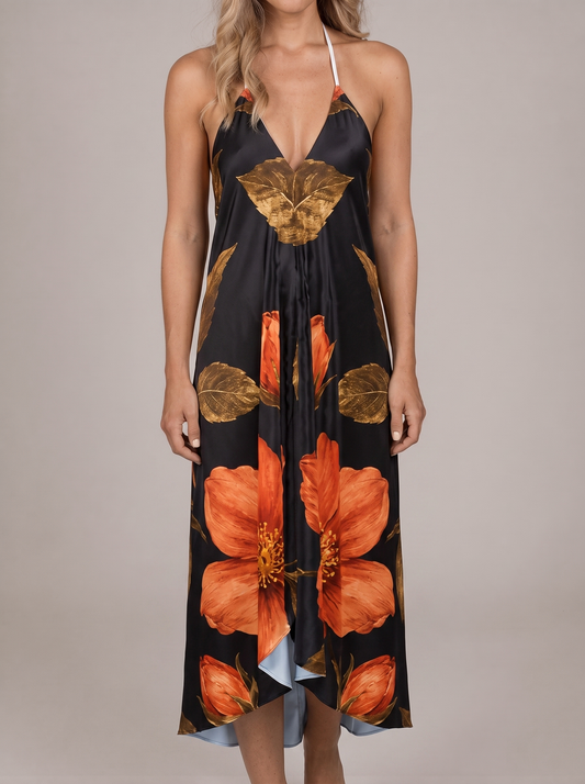 Halterneck Backless Dress “Midnight Bloom”