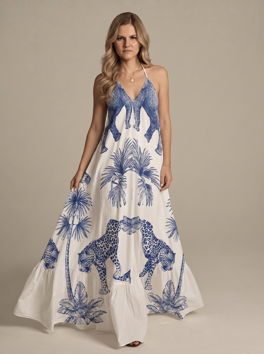 Halterneck Backless Dress “Azure Safari”